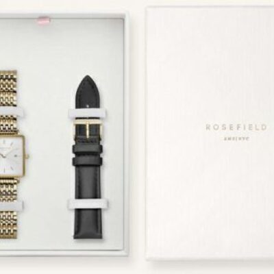 Kellot Rosefield  | Rosefield Lahjapakkaus Sis. The Boxy White Gold Rannekello Ja Musta Nahkaranneke Bwsbg-X242